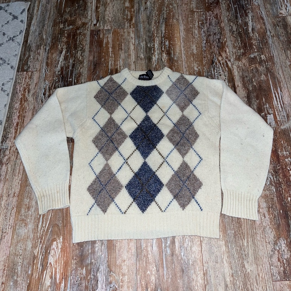 Men’s Vintage Par Four Sportswear Wool Ivory Argyle Diamond Print Sweater Size L